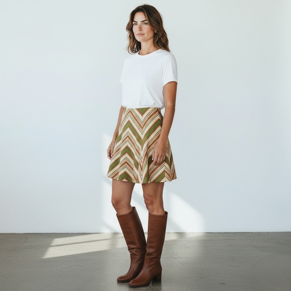 Vintage Sears JR Bazaar Mini Skirt Green Orange Chevron Stripe Size 7 70s Mod